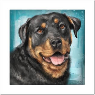 Painting of a Smiling Rottweiler with an Adorable Expression - Light Blue Spattered Background Posters and Art